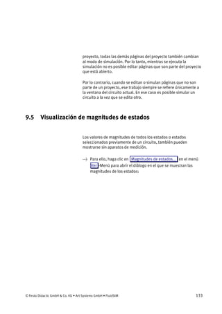 © Festo Didactic GmbH & Co. KG • Art Systems GmbH • FluidSIM 133
proyecto, todas las demás páginas del proyecto también cambian
al modo de simulación. Por lo tanto, mientras se ejecuta la
simulación no es posible editar páginas que son parte del proyecto
que está abierto.
Por lo contrario, cuando se editan o simulan páginas que no son
parte de un proyecto, ese trabajo siempre se refiere únicamente a
la ventana del circuito actual. En ese caso es posible simular un
circuito a la vez que se edita otro.
9.5 Visualización de magnitudes de estados
Los valores de magnitudes de todos los estados o estados
seleccionados previamente de un circuito, también pueden
mostrarse sin aparatos de medición.
→ Para ello, haga clic en Magnitudes de estados... en el menú
Ver -Menü para abrir el diálogo en el que se muestran las
magnitudes de los estados:
 