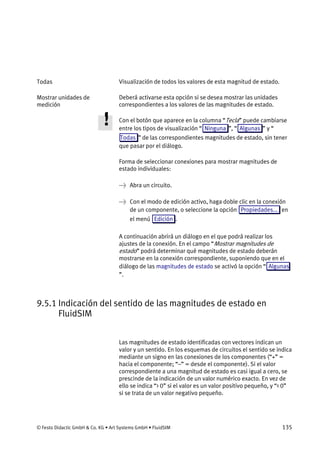 © Festo Didactic GmbH & Co. KG • Art Systems GmbH • FluidSIM 135
Visualización de todos los valores de esta magnitud de estado.
Deberá activarse esta opción si se desea mostrar las unidades
correspondientes a los valores de las magnitudes de estado.
Con el botón que aparece en la columna “Tecla” puede cambiarse
entre los tipos de visualización “ Ninguna ”, “ Algunas ” y “
Todas ” de las correspondientes magnitudes de estado, sin tener
que pasar por el diálogo.
Forma de seleccionar conexiones para mostrar magnitudes de
estado individuales:
→ Abra un circuito.
→ Con el modo de edición activo, haga doble clic en la conexión
de un componente, o seleccione la opción Propiedades... en
el menú Edición .
A continuación abrirá un diálogo en el que podrá realizar los
ajustes de la conexión. En el campo “Mostrar magnitudes de
estado” podrá determinar qué magnitudes de estado deberán
mostrarse en la conexión correspondiente, suponiendo que en el
diálogo de las magnitudes de estado se activó la opción “ Algunas
”.
9.5.1 Indicación del sentido de las magnitudes de estado en
FluidSIM
Las magnitudes de estado identificadas con vectores indican un
valor y un sentido. En los esquemas de circuitos el sentido se indica
mediante un signo en las conexiones de los componentes (“+” =
hacia el componente; “–” = desde el componente). Si el valor
correspondiente a una magnitud de estado es casi igual a cero, se
prescinde de la indicación de un valor numérico exacto. En vez de
ello se indica “> 0” si el valor es un valor positivo pequeño, y “< 0”
si se trata de un valor negativo pequeño.
Todas
Mostrar unidades de
medición
 