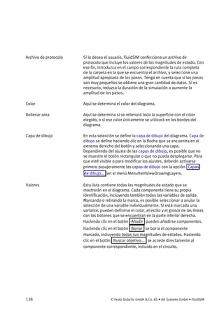 138 © Festo Didactic GmbH & Co. KG • Art Systems GmbH • FluidSIM
Si lo desea el usuario, FluidSIM confecciona un archivo de
protocolo que incluye los valores de las magnitudes de estado. Con
ese fin, introduzca en el campo correspondiente la ruta completa
de la carpeta en la que se encuentra el archivo, y seleccione una
amplitud apropiada de los pasos. Tenga en cuenta que si los pasos
son muy pequeños se obtiene una gran cantidad de datos. Si es
necesario, reduzca la duración de la simulación o aumente la
amplitud de los pasos.
Aquí se determina el color del diagrama.
Aquí se determina si se rellenará toda la superficie con el color
elegido, o si ese color únicamente se utilizará en los bordes del
diagrama.
En esta selección se define la capa de dibujo del diagrama. Capa de
dibujo se define haciendo clic en la flecha que se encuentra en el
extremo derecho del botón y seleccionando una capa.
Dependiendo del ajuste de las capas de dibujo, es posible que no
se muestre el botón rectangular o que no pueda desplegarse. Para
que esté visible o para modificar los ajustes, deberán activarse
primero pasajeramente las capas de dibujo con la opción Capas
de dibujo... en el menú MenuItemViewDrawingLayers.
Esta lista contiene todas las magnitudes de estado que se
mostrarán en el diagrama. Cada componente tiene su propia
identificación, incluyendo también todas las variables de salida.
Marcando o retirando la marca, es posible seleccionar o anular la
selección de una variable individualmente. Si está marcada una
variante, pueden definirse el color, el estilo y el grosor de las líneas
con los botones que se encuentran en la parte inferior derecha.
Haciendo clic en el botón Añadir pueden añadirse componentes.
Haciendo clic en el botón Borrar se borra el componente
marcado, incluyendo todas sus magnitudes de estados. Haciendo
clic en el botón Buscar objetivo... se accede directamente al
componente correspondiente, incluido en el circuito.
Archivo de protocolo
Color
Rellenar area
Capa de dibujo
Valores
 