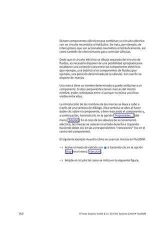 140 © Festo Didactic GmbH & Co. KG • Art Systems GmbH • FluidSIM
Existen componentes eléctricos que combinan un circuito eléctrico
con un circuito neumático o hidráulico. Se trata, por ejemplo, de
interruptores que son accionados neumática o hidráulicamente, así
como también de electroimanes para controlar válvulas.
Dado que el circuito eléctrico se dibuja separado del circuito de
fluidos, es necesario disponer de una posibilidad apropiada para
establecer una conexión clara entre los componentes eléctricos
(por ejemplo, una bobina) y los componentes de fluidos (por
ejemplo, una posición determinada de la válvula). Con ese fin se
dispone de marcas.
Una marca tiene un nombre determinado y puede atribuirse a un
componente. Si dos componentes tienen marcas del mismo
nombre, están conectadas entre sí aunque no exista una línea
visible entre ellas.
La introducción de los nombres de las marcas se lleva a cabo a
través de una ventana de diálogo. Esta ventana se abre al hacer
doble clic sobre el componente, o bien marcando el componente y,
a continuación, haciendo clic en la opción Propiedades... del
menú Edición . En el caso de las válvulas de accionamiento
eléctrico, las marcas se colocan en el lado derecho e izquierdo
haciendo doble clic en las correspondientes “conexiones” (no en el
centro del componente).
El siguiente ejemplo muestra cómo se usan las marcas en FluidSIM.
→ Active el modo de edición con o haciendo clic en la opción
Stop en el menú Ejecutar .
→ Amplíe el circuito tal como se indica en la siguiente figura:
 