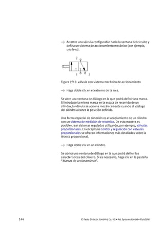144 © Festo Didactic GmbH & Co. KG • Art Systems GmbH • FluidSIM
→ Arrastre una válvula configurable hacia la ventana del circuito y
defina un sistema de accionamiento mecánico (por ejemplo,
una leva).
Figura 9/15: válvula con sistema mecánico de accionamiento
→ Haga doble clic en el extremo de la leva.
Se abre una ventana de diálogo en la que podrá definir una marca.
Si introduce la misma marca en la escala de recorrido de un
cilindro, la válvula se acciona mecánicamente cuando el vástago
del cilindro alcanza la posición definida.
Una forma especial de conexión es el acoplamiento de un cilindro
con un sistema de medición de recorrido. De esta manera es
posible crear sistemas regulados utilizando, por ejemplo, válvulas
proporcionales. En el capítulo Control y regulación con válvulas
proporcionales se ofrecen informaciones más detalladas sobre la
técnica proporcional.
→ Haga doble clic en un cilindro.
Se abrirá una ventana de diálogo en la que podrá definir las
características del cilindro. Si es necesario, haga clic en la pestaña
“Marcas de accionamiento”.
 