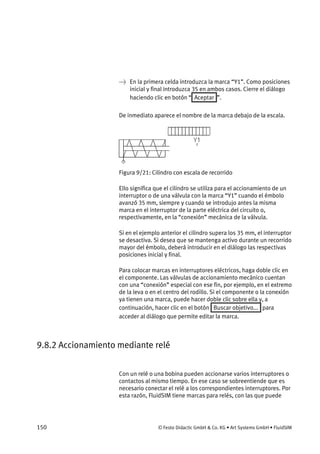 150 © Festo Didactic GmbH & Co. KG • Art Systems GmbH • FluidSIM
→ En la primera celda introduzca la marca “Y1”. Como posiciones
inicial y final introduzca 35 en ambos casos. Cierre el diálogo
haciendo clic en botón “ Aceptar ”.
De inmediato aparece el nombre de la marca debajo de la escala.
Figura 9/21: Cilindro con escala de recorrido
Ello significa que el cilindro se utiliza para el accionamiento de un
interruptor o de una válvula con la marca “Y1” cuando el émbolo
avanzó 35 mm, siempre y cuando se introdujo antes la misma
marca en el interruptor de la parte eléctrica del circuito o,
respectivamente, en la “conexión” mecánica de la válvula.
Si en el ejemplo anterior el cilindro supera los 35 mm, el interruptor
se desactiva. Si desea que se mantenga activo durante un recorrido
mayor del émbolo, deberá introducir en el diálogo las respectivas
posiciones inicial y final.
Para colocar marcas en interruptores eléctricos, haga doble clic en
el componente. Las válvulas de accionamiento mecánico cuentan
con una “conexión” especial con ese fin, por ejemplo, en el extremo
de la leva o en el centro del rodillo. Si el componente o la conexión
ya tienen una marca, puede hacer doble clic sobre ella y, a
continuación, hacer clic en el botón Buscar objetivo... para
acceder al diálogo que permite editar la marca.
9.8.2 Accionamiento mediante relé
Con un relé o una bobina pueden accionarse varios interruptores o
contactos al mismo tiempo. En ese caso se sobreentiende que es
necesario conectar el relé a los correspondientes interruptores. Por
esta razón, FluidSIM tiene marcas para relés, con las que puede
 