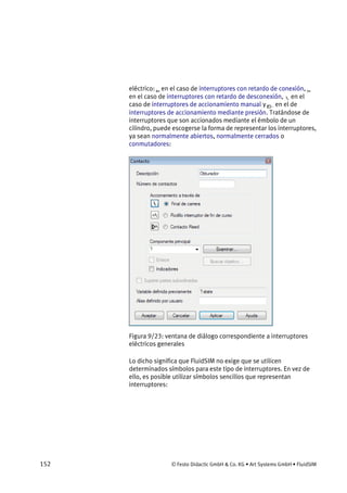 152 © Festo Didactic GmbH & Co. KG • Art Systems GmbH • FluidSIM
eléctrico: en el caso de interruptores con retardo de conexión,
en el caso de interruptores con retardo de desconexión, en el
caso de interruptores de accionamiento manual y en el de
interruptores de accionamiento mediante presión. Tratándose de
interruptores que son accionados mediante el émbolo de un
cilindro, puede escogerse la forma de representar los interruptores,
ya sean normalmente abiertos, normalmente cerrados o
conmutadores:
Figura 9/23: ventana de diálogo correspondiente a interruptores
eléctricos generales
Lo dicho significa que FluidSIM no exige que se utilicen
determinados símbolos para este tipo de interruptores. En vez de
ello, es posible utilizar símbolos sencillos que representan
interruptores:
 