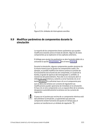 © Festo Didactic GmbH & Co. KG • Art Systems GmbH • FluidSIM 153
Figura 9/24: símbolos de interruptores sencillos
9.9 Modificar parámetros de componentes durante la
simulación
La mayoría de los componentes tienen parámetros que pueden
modificarse estando activo el modo de edición. Algunos de estos
componentes ya se explicaron en los capítulos anteriores.
El diálogo para ajustar los parámetros se abre haciendo doble clic o
activando la opción Propiedades... en el menú Edición .
Durante la simulación, algunos componentes pueden ajustarse de
la misma manera que se ajustan los componentes reales. Por
ejemplo, es posible modificar de manera continua la presión de
funcionamiento de la fuente de aire comprimido, el caudal de la
bomba, el grado de apertura del estrangulador o, también, la
resistencia del potenciómetro. Para ello no es necesario abrir el
diálogo de características y volverlo a cerrar haciendo clic en el
botón Aceptar . Es suficiente hacer clic en el componente para
que se abra una ventana con cursores de regulación Las
modificaciones pueden apreciarse de inmediato en la simulación.
Si hace clic en otro componente o en un espacio libre de la ventana,
desaparece automáticamente la ventana con los cursores de
regulación.
Si pasa con el puntero por encima de un componente mientras está
ejecutándose la simulación, y suponiendo que para ese
componente existen funciones de ajustes en tiempo real, el
puntero se transforma en un símbolo de regulación .
 