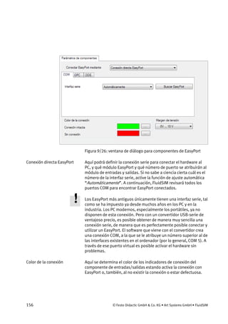 156 © Festo Didactic GmbH & Co. KG • Art Systems GmbH • FluidSIM
Figura 9/26: ventana de diálogo para componentes de EasyPort
Aquí podrá definir la conexión serie para conectar el hardware al
PC, y qué módulo EasyPort y qué número de puerto se atribuirán al
módulo de entradas y salidas. Si no sabe a ciencia cierta cuál es el
número de la interfaz serie, active la función de ajuste automática
“Automáticamente”. A continuación, FluidSIM revisará todos los
puertos COM para encontrar EasyPort conectados.
Los EasyPort más antiguos únicamente tienen una interfaz serie, tal
como se ha impuesto ya desde muchos años en los PC y en la
industria. Los PC modernos, especialmente los portátiles, ya no
disponen de esta conexión. Pero con un convertidor USB-serie de
ventajoso precio, es posible obtener de manera muy sencilla una
conexión serie, de manera que es perfectamente posible conectar y
utilizar un EasyPort. El software que viene con el convertidor crea
una conexión COM, a la que se le atribuye un número superior al de
las interfaces existentes en el ordenador (por lo general, COM 5). A
través de ese puerto virtual es posible activar el hardware sin
problemas.
Aquí se determina el color de los indicadores de conexión del
componente de entradas/salidas estando activa la conexión con
EasyPort o, también, al no existir la conexión o estar defectuosa.
Conexión directa EasyPort
Color de la conexión
 