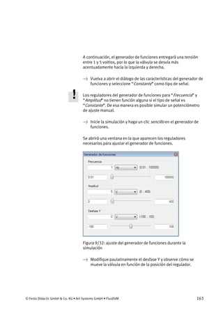 © Festo Didactic GmbH & Co. KG • Art Systems GmbH • FluidSIM 163
A continuación, el generador de funciones entregará una tensión
entre 1 y 5 voltios, por lo que la válvula se desvía más
acentuadamente hacia la izquierda y derecha.
→ Vuelva a abrir el diálogo de las características del generador de
funciones y seleccione “Constante” como tipo de señal.
Los reguladores del generador de funciones para “Frecuencia” y
“Amplitud” no tienen función alguna si el tipo de señal es
“Constante”. De esa manera es posible simular un potenciómetro
de ajuste manual.
→ Inicie la simulación y haga un clic sencillo en el generador de
funciones.
Se abrirá una ventana en la que aparecen los reguladores
necesarios para ajustar el generador de funciones.
Figura 9/32: ajuste del generador de funciones durante la
simulación
→ Modifique paulatinamente el desfase Y y observe cómo se
mueve la válvula en función de la posición del regulador.
 