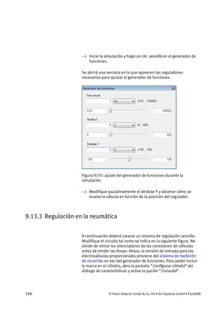 166 © Festo Didactic GmbH & Co. KG • Art Systems GmbH • FluidSIM
→ Inicie la simulación y haga un clic sencillo en el generador de
funciones.
Se abrirá una ventana en la que aparecen los reguladores
necesarios para ajustar el generador de funciones.
Figura 9/35: ajuste del generador de funciones durante la
simulación
→ Modifique paulatinamente el desfase Y y observe cómo se
mueve la válvula en función de la posición del regulador.
9.13.3 Regulación en la neumática
A continuación deberá crearse un sistema de regulación sencillo.
Modifique el circuito tal como se indica en la siguiente figura. No
olvide de retirar los silenciadores de las conexiones de válvulas
antes de tender las líneas. Ahora, la tensión de entrada para las
electroválvulas proporcionales proviene del sistema de medición
de recorrido en vez del generador de funciones. Para poder incluir
la marca en el cilindro, abra la pestaña “Configurar cilindro” del
diálogo de características y active la opción “Consulta”.
 