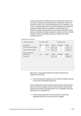 © Festo Didactic GmbH & Co. KG • Art Systems GmbH • FluidSIM 173
ende, a continuación modificaremos en el sistema de medición de
recorrido la relación entre la posición del vástago del cilindro y la
tensión de salida. Si el cilindro debe detenerse, por ejemplo, en el
centro, la válvula debe estar en posición de bloqueo precisamente
cuando el cilindro llega a esa posición. Considerando que la
tensión de salida es proporcional a la posición del émbolo, es fácil
calcular qué tensiones deben elegirse en ambos extremos ( cilindro
retraído / cilindro extendido) para que la mitad de la carrera
corresponda a 0 V.
Figura 9/41: ajuste de los límites de tensión del sistema de
medición de recorrido
→ Inicie la simulación y observe que el cilindro se detiene cuando
ha recorrido la mitad de la distancia.
Ahora ampliaremos el circuito de tal manera que el cilindro pueda
avanzar de manera rápida y precisa hasta cualquier posición que
durante la simulación determinaremos con un regulador. Para ello
utilizaremos un regulador PID.
→ Confeccione el siguiente circuito y ajuste los valores del
regulador PID tal como se muestra en la imagen.
 
