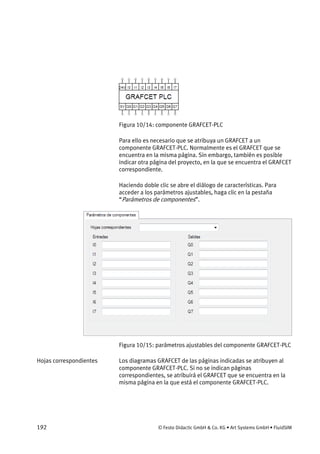 192 © Festo Didactic GmbH & Co. KG • Art Systems GmbH • FluidSIM
Figura 10/14: componente GRAFCET-PLC
Para ello es necesario que se atribuya un GRAFCET a un
componente GRAFCET-PLC. Normalmente es el GRAFCET que se
encuentra en la misma página. Sin embargo, también es posible
indicar otra página del proyecto, en la que se encuentra el GRAFCET
correspondiente.
Haciendo doble clic se abre el diálogo de características. Para
acceder a los parámetros ajustables, haga clic en la pestaña
“Parámetros de componentes”.
Figura 10/15: parámetros ajustables del componente GRAFCET-PLC
Los diagramas GRAFCET de las páginas indicadas se atribuyen al
componente GRAFCET-PLC. Si no se indican páginas
correspondientes, se atribuirá el GRAFCET que se encuentra en la
misma página en la que está el componente GRAFCET-PLC.
Hojas correspondientes
 