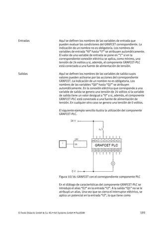 © Festo Didactic GmbH & Co. KG • Art Systems GmbH • FluidSIM 193
Aquí se definen los nombres de las variables de entrada que
pueden evaluar las condiciones del GRAFCET correspondiente. La
indicación de un nombre no es obligatoria. Los nombres de
variables de entrada “I0” hasta “I7” se atribuyen automáticamente.
El valor de una variable de entrada se pone en “1” si en la
correspondiente conexión eléctrica se aplica, como mínimo, una
tensión de 24 voltios y si, además, el componente GRAFCET-PLC
está conectado a una fuente de alimentación de tensión.
Aquí se definen los nombres de las variables de salida cuyos
valores pueden activarse por las acciones del correspondiente
GRAFCET. La indicación de un nombre no es obligatoria. Los
nombres de las variables “Q0” hasta “Q7” se atribuyen
automáticamente. En la conexión eléctrica que corresponde a una
variable de salida se genera una tensión de 24 voltios si la variable
de salida tiene un valor desigual a “0” y si, además, el componente
GRAFCET-PLC está conectado a una fuente de alimentación de
tensión. En cualquier otro caso se genera una tensión de 0 voltios.
El siguiente ejemplo sencillo ilustra la utilización del componente
GRAFCET-PLC.
Figura 10/16: GRAFCET con el correspondiente componente PLC
En el diálogo de características del componente GRAFCET-PLC se
introdujo el alias “E2” en la entrada “I2”. A la salida “Q5” no se le
atribuyó un alias. Una vez que se cierra el interruptor eléctrico, se
aplica un potencial en la entrada “I2”, lo que tiene como
Entradas
Salidas
 
