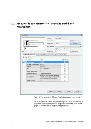 218 © Festo Didactic GmbH & Co. KG • Art Systems GmbH • FluidSIM
12.1 Atributos de componentes en la ventana de diálogo
Propiedades
Figura 12/1: ventana de diálogo Propiedades de un componente
En las propiedades de un componente figuran juntos el atributo y el
valor. Los atributos se combinan en grupos diferentes. En el primer
grupo se encuentran las propiedades generales:
 