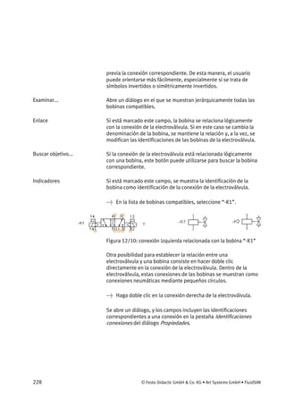 228 © Festo Didactic GmbH & Co. KG • Art Systems GmbH • FluidSIM
previa la conexión correspondiente. De esta manera, el usuario
puede orientarse más fácilmente, especialmente si se trata de
símbolos invertidos o simétricamente invertidos.
Abre un diálogo en el que se muestran jerárquicamente todas las
bobinas compatibles.
Si está marcado este campo, la bobina se relaciona lógicamente
con la conexión de la electroválvula. Si en este caso se cambia la
denominación de la bobina, se mantiene la relación y, a la vez, se
modifican las identificaciones de las bobinas de la electroválvula.
Si la conexión de la electroválvula está relacionada lógicamente
con una bobina, este botón puede utilizarse para buscar la bobina
correspondiente.
Si está marcado este campo, se muestra la identificación de la
bobina como identificación de la conexión de la electroválvula.
→ En la lista de bobinas compatibles, seleccione “-K1”.
Figura 12/10: conexión izquierda relacionada con la bobina “-K1”
Otra posibilidad para establecer la relación entre una
electroválvula y una bobina consiste en hacer doble clic
directamente en la conexión de la electroválvula. Dentro de la
electroválvula, estas conexiones de las bobinas se muestran como
conexiones neumáticas mediante pequeños círculos.
→ Haga doble clic en la conexión derecha de la electroválvula.
Se abre un diálogo, y los campos incluyen las identificaciones
correspondientes a una conexión en la pestaña Identificaciones
conexiones del diálogo Propiedades.
Examinar...
Enlace
Buscar objetivo...
Indicadores
 