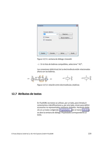 © Festo Didactic GmbH & Co. KG • Art Systems GmbH • FluidSIM 229
Figura 12/11: ventana de diálogo Conexión
→ En la lista de bobinas compatibles, seleccione “-K2”.
Las conexiones (eléctricas) de la electroválvula están relacionadas
ahora con las bobinas.
Figura 12/12: relación entre electroválvula y bobinas
12.7 Atributos de textos
En FluidSIM, los textos se utilizan, por un lado, para introducir
comentarios e identificaciones y, por otro lado, sirven para definir
accesorios no representados mediante símbolos. Haciendo doble
clic en un texto o eligiendo Propiedades... en el menú Edición ,
se abre la ventana de diálogo Propiedades correspondiente al
texto.
 