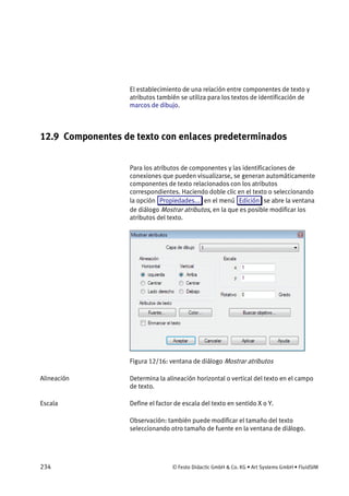 234 © Festo Didactic GmbH & Co. KG • Art Systems GmbH • FluidSIM
El establecimiento de una relación entre componentes de texto y
atributos también se utiliza para los textos de identificación de
marcos de dibujo.
12.9 Componentes de texto con enlaces predeterminados
Para los atributos de componentes y las identificaciones de
conexiones que pueden visualizarse, se generan automáticamente
componentes de texto relacionados con los atributos
correspondientes. Haciendo doble clic en el texto o seleccionando
la opción Propiedades... en el menú Edición se abre la ventana
de diálogo Mostrar atributos, en la que es posible modificar los
atributos del texto.
Figura 12/16: ventana de diálogo Mostrar atributos
Determina la alineación horizontal o vertical del texto en el campo
de texto.
Define el factor de escala del texto en sentido X o Y.
Observación: también puede modificar el tamaño del texto
seleccionando otro tamaño de fuente en la ventana de diálogo.
Alineación
Escala
 