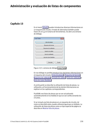 Administración y evaluación de listas de componentes
© Festo Didactic GmbH & Co. KG • Art Systems GmbH • FluidSIM 239
Capítulo 13
13. Administración y evaluación de listas de componentes
En el menú Añadir pueden introducirse diversas informaciones en
un esquema de circuito. A modo de alternativa también puede
hacer clic en en la barra de herramientas. Se abre una ventana
de diálogo.
Figura 13/1: ventana de diálogo Lista/Tabla
En ese diálogo es posible introducir las siguientes informaciones en
el esquema del circuito: Lista de piezas , Esquema de bornes ,
Esquema de cableado , Listado de cables , Lista de cableado y
Lista de tubos flexibles .
A continuación se describe la utilización de listas de piezas. La
utilización y el funcionamiento de las demás informaciones se
explican en los capítulos correspondientes.
FluidSIM crea listas de piezas que se van actualizando
automáticamente en la medida en que se van confeccionando los
circuitos.
Si se incluyó una lista de piezas en un esquema de circuito, tal
como se describió antes, puede utilizarse igual que un símbolo. La
utilización de listas de piezas como un tipo especial de página se
describe en Mostrar lista de piezas.
 