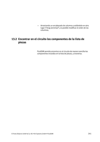 © Festo Didactic GmbH & Co. KG • Art Systems GmbH • FluidSIM 241
— Arrastrando un encabezado de columna y soltándolo en otro
lugar (“drag and drop”), es posible modificar el orden de las
columnas.
13.2 Encontrar en el circuito los componentes de la lista de
piezas
FluidSIM permite encontrar en el circuito de manera sencilla los
componentes incluidos en la lista de piezas, y viceversa.
 