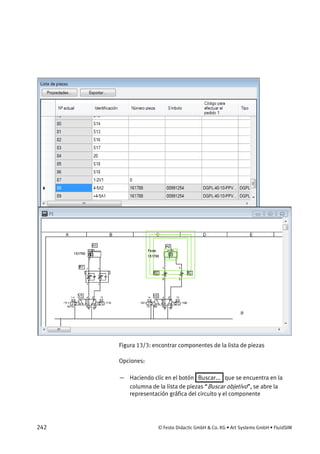 242 © Festo Didactic GmbH & Co. KG • Art Systems GmbH • FluidSIM
Figura 13/3: encontrar componentes de la lista de piezas
Opciones:
— Haciendo clic en el botón Buscar... que se encuentra en la
columna de la lista de piezas “Buscar objetivo”, se abre la
representación gráfica del circuito y el componente
 