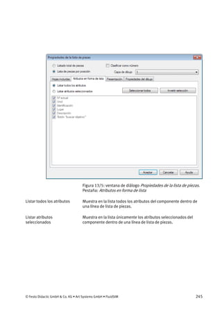 © Festo Didactic GmbH & Co. KG • Art Systems GmbH • FluidSIM 245
Figura 13/5: ventana de diálogo Propiedades de la lista de piezas.
Pestaña: Atributos en forma de lista
Muestra en la lista todos los atributos del componente dentro de
una línea de lista de piezas.
Muestra en la lista únicamente los atributos seleccionados del
componente dentro de una línea de lista de piezas.
Listar todos los atributos
Listar atributos
seleccionados
 
