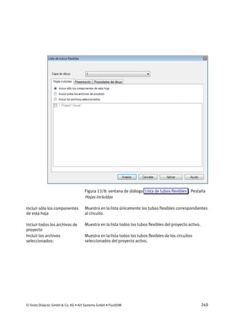© Festo Didactic GmbH & Co. KG • Art Systems GmbH • FluidSIM 249
Figura 13/8: ventana de diálogo Lista de tubos flexibles . Pestaña
Hojas incluidas
Muestra en la lista únicamente los tubos flexibles correspondientes
al circuito.
Muestra en la lista todos los tubos flexibles del proyecto activo.
Muestra en la lista todos los tubos flexibles de los circuitos
seleccionados del proyecto activo.
Incluir sólo los componentes
de esta hoja
Incluir todos los archivos de
proyecto
Incluir los archivos
seleccionados:
 