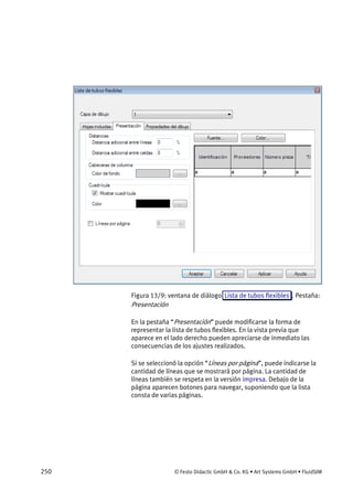 250 © Festo Didactic GmbH & Co. KG • Art Systems GmbH • FluidSIM
Figura 13/9: ventana de diálogo Lista de tubos flexibles . Pestaña:
Presentación
En la pestaña “Presentación” puede modificarse la forma de
representar la lista de tubos flexibles. En la vista previa que
aparece en el lado derecho pueden apreciarse de inmediato las
consecuencias de los ajustes realizados.
Si se seleccionó la opción “Líneas por página”, puede indicarse la
cantidad de líneas que se mostrará por página. La cantidad de
líneas también se respeta en la versión impresa. Debajo de la
página aparecen botones para navegar, suponiendo que la lista
consta de varias páginas.
 