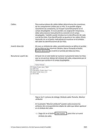 © Festo Didactic GmbH & Co. KG • Art Systems GmbH • FluidSIM 269
Para evaluar planes de cables deben determinarse las conexiones
de los componentes unidos por un hilo. Si es posible asignar
claramente las conexiones, se incluyen automáticamente en el
campo desplegable. Si no es posible una asignación inequívoca,
debe seleccionarse manualmente la conexión en el campo
desplegable. También puede introducirse la identificación de cada
uno de los hilos. Esta identificación se guarda en los cables (hilos).
Haciendo clic en el botón Indicadores se muestran en el símbolo
del cable las identificaciones de los hilos.
Al crear un símbolo de cable, automáticamente se define el sentido
de los hilos en las columnas Desde y Hacia. Pulsando el botón
Invertir dirección se invierte el sentido de todos los hilos.
Al hacer clic en este botón se numeran nuevamente todos los hilos
que se encuentran debajo del símbolo del cable, empezando por el
número que consta en el campo desplegable.
Figura 16/7: ventana de diálogo Símbolo cable. Pestaña: Mostrar
atributos
En la pestaña “Mostrar atributos” pueden seleccionarse los
atributos del correspondientes objeto de cable que deben aparecer
en el símbolo del cable.
→ Haga clic en el botón Crear nuevo… , para crear un nuevo
símbolo de cable.
Cables
Invertir dirección
Renumerar a partir de:
 