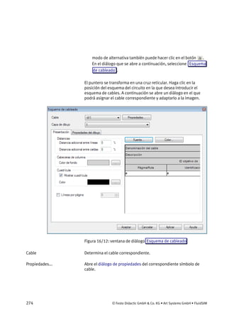 274 © Festo Didactic GmbH & Co. KG • Art Systems GmbH • FluidSIM
modo de alternativa también puede hacer clic en el botón .
En el diálogo que se abre a continuación, seleccione Esquema
de cableado .
El puntero se transforma en una cruz reticular. Haga clic en la
posición del esquema del circuito en la que desea introducir el
esquema de cables. A continuación se abre un diálogo en el que
podrá asignar el cable correspondiente y adaptarlo a la imagen.
Figura 16/12: ventana de diálogo Esquema de cableado
Determina el cable correspondiente.
Abre el diálogo de propiedades del correspondiente símbolo de
cable.
Cable
Propiedades...
 