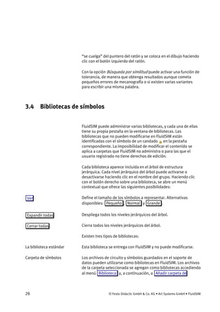 28 © Festo Didactic GmbH & Co. KG • Art Systems GmbH • FluidSIM
“se cuelga” del puntero del ratón y se coloca en el dibujo haciendo
clic con el botón izquierdo del ratón.
Con la opción Búsqueda por similitud puede activar una función de
tolerancia, de manera que obtenga resultados aunque cometa
pequeños errores de mecanografía o si existen varias variantes
para escribir una misma palabra.
3.4 Bibliotecas de símbolos
FluidSIM puede administrar varias bibliotecas, y cada una de ellas
tiene su propia pestaña en la ventana de bibliotecas. Las
bibliotecas que no pueden modificarse en FluidSIM están
identificadas con el símbolo de un candado en la pestaña
correspondiente. La imposibilidad de modificar el contenido se
aplica a carpetas que FluidSIM no administra o para las que el
usuario registrado no tiene derechos de edición.
Cada biblioteca aparece incluida en el árbol de estructura
jerárquica. Cada nivel jerárquico del árbol puede activarse o
desactivarse haciendo clic en el nombre del grupo. Haciendo clic
con el botón derecho sobre una biblioteca, se abre un menú
contextual que ofrece las siguientes posibilidades:
Define el tamaño de los símbolos a representar. Alternativas
disponibles: Pequeño , Normal y Grande .
Despliega todos los niveles jerárquicos del árbol.
Cierra todos los niveles jerárquicos del árbol.
Existen tres tipos de bibliotecas:
Esta biblioteca se entrega con FluidSIM y no puede modificarse.
Los archivos de circuito y símbolos guardados en el soporte de
datos pueden utilizarse como bibliotecas en FluidSIM. Los archivos
de la carpeta seleccionada se agregan como bibliotecas accediendo
al menú Biblioteca y, a continuación, a Añadir carpeta de
Ver
Expandir todas
Cerrar todas
La biblioteca estándar
Carpeta de símbolos
 