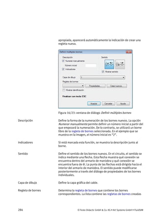 284 © Festo Didactic GmbH & Co. KG • Art Systems GmbH • FluidSIM
apropiada, aparecerá automáticamente la indicación de crear una
regleta nueva.
Figura 16/23: ventana de diálogo Definir múltiples bornes
Define la forma de la numeración de los bornes nuevos. La opción
Numerar manualmente permite definir un número inicial a partir del
que empezará la numeración. De lo contrario, se utilizará un borne
libre de la regleta de bornes seleccionada. En el ejemplo que se
muestra en la imagen, el número inicial es “2”.
Si está marcada esta función, se muestra la descripción junto al
borne.
Define el sentido de los bornes nuevos. En el circuito, el sentido se
indica mediante una flecha. Esta flecha muestra qué conexión se
encuentra dentro del armario de maniobra y qué conexión se
encuentra fuera de él. La punta de las flechas está dirigida hacia el
interior del armario de maniobra. El sentido puede modificarse
posteriormente a través del diálogo de propiedades de los bornes
individuales.
Define la capa gráfica del cable.
Determina la regleta de bornes que contiene los bornes
correspondientes. La lista contiene las regletas de bornes creadas
Descripción
Indicadores
Sentido
Capa de dibujo
Regleta de bornes
 