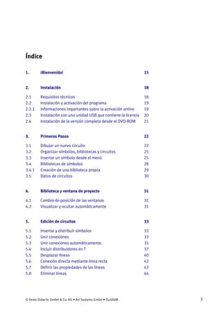 © Festo Didactic GmbH & Co. KG • Art Systems GmbH • FluidSIM 3
Índice
1. ¡Bienvenido! 15
2. Instalación 18
2.1 Requisitos técnicos 18
2.2 Instalación y activación del programa 19
2.2.1 Informaciones importantes sobre la activación online 19
2.3 Instalación con una unidad USB que contiene la licencia 20
2.4 Instalación de la versión completa desde el DVD-ROM 21
3. Primeros Pasos 22
3.1 Dibujar un nuevo circuito 22
3.2 Organizar símbolos, bibliotecas y circuitos 25
3.3 Insertar un símbolo desde el menú 25
3.4 Bibliotecas de símbolos 28
3.4.1 Creación de una biblioteca propia 29
3.5 Datos de circuitos 30
4. Biblioteca y ventana de proyecto 31
4.1 Cambio de posición de las ventanas 31
4.2 Visualizar y ocultar automáticamente 31
5. Edición de circuitos 33
5.1 Insertar y distribuir símbolos 33
5.2 Unir conexiones 33
5.3 Unir conexiones automáticamente. 35
5.4 Incluir distribuidores en T 37
5.5 Desplazar líneas 40
5.6 Conexión directa mediante línea recta 42
5.7 Definir las propiedades de las líneas 43
5.8 Eliminar líneas 44
 