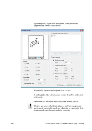 300 © Festo Didactic GmbH & Co. KG • Art Systems GmbH • FluidSIM
opciones para la exportación. Los ajustes correspondientes
dependen del formato seleccionado.
Figura 17/2: ventana de diálogo Exportar circuito
A continuación debe seleccionar un nombre de archivo o introducir
uno nuevo.
Seleccione una resolución adecuada para el archivo gráfico.
Observe que una resolución elevada crea archivos muy grandes,
por lo que la exportación puede ser más lenta. La exportación de la
imagen puede cancelarse en cualquier momento.
 