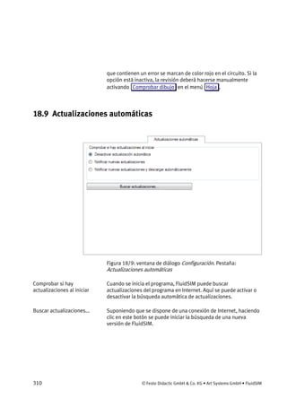 310 © Festo Didactic GmbH & Co. KG • Art Systems GmbH • FluidSIM
que contienen un error se marcan de color rojo en el circuito. Si la
opción está inactiva, la revisión deberá hacerse manualmente
activando Comprobar dibujo en el menú Hoja .
18.9 Actualizaciones automáticas
Figura 18/9: ventana de diálogo Configuración. Pestaña:
Actualizaciones automáticas
Cuando se inicia el programa, FluidSIM puede buscar
actualizaciones del programa en Internet. Aquí se puede activar o
desactivar la búsqueda automática de actualizaciones.
Suponiendo que se dispone de una conexión de Internet, haciendo
clic en este botón se puede iniciar la búsqueda de una nueva
versión de FluidSIM.
Comprobar si hay
actualizaciones al iniciar
Buscar actualizaciones...
 