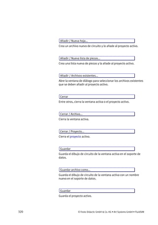 320 © Festo Didactic GmbH & Co. KG • Art Systems GmbH • FluidSIM
Añadir / Nueva hoja...
Crea un archivo nuevo de circuito y lo añade al proyecto activo.
Añadir / Nueva lista de piezas...
Crea una lista nueva de piezas y la añade al proyecto activo.
Añadir / Archivos existentes...
Abre la ventana de diálogo para seleccionar los archivos existentes
que se deben añadir al proyecto activo.
Cerrar
Entre otros, cierra la ventana activa o el proyecto activo.
Cerrar / Archivo...
Cierra la ventana activa.
Cerrar / Proyecto...
Cierra el proyecto activo.
Guardar
Guarda el dibujo de circuito de la ventana activa en el soporte de
datos.
Guardar archivo como...
Guarda el dibujo de circuito de la ventana activa con un nombre
nuevo en el soporte de datos.
Guardar
Guarda el proyecto activo.
 