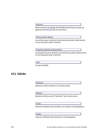 322 © Festo Didactic GmbH & Co. KG • Art Systems GmbH • FluidSIM
Imprimir...
Abre la ventana de diálogo de FluidSIM Imprimir para ajustar las
opciones de impresión del circuito activo.
Último archivo abierto
Los archivos que se abrieron recientemente pueden seleccionarse
en una lista para volver a abrirlos.
Proyectos abiertos recientemente
Los proyectos que se abrieron recientemente pueden seleccionarse
en una lista para volver a abrirlos.
Salir
Finaliza FluidSIM.
19.2 Edición
Deshacer
Deshace la última edición en el circuito activo.
Rehacer
Deshace la última acción “Deshacer” del circuito activo.
Cortar
Elimina los objetos seleccionados y los copia en el portapapeles.
Copiar
Copia los símbolos seleccionados en el portapapeles.
 
