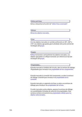 324 © Festo Didactic GmbH & Co. KG • Art Systems GmbH • FluidSIM
Editar poli-línea
Activa o desactiva la función de “editar línea conectada”.
Alinear
Alinea los objetos marcados.
Girar
Gira los objetos marcados en sentido antihorario en 90°, 180° o
270°. Los objetos agrupados giran alrededor del punto central del
rectángulo del grupo.
Espejo
Refleja horizontal o verticalmente los objetos marcados. Los
objetos agrupados se reflejan tomando con referencia el eje del
rectángulo del grupo.
Propiedades...
Estando marcado el símbolo del circuito, abre la ventana de diálogo
Propiedades para introducir las propiedades de los componentes.
Estando marcada la conexión del componente, se abre la ventana
de diálogo Conexión para introducir las propiedades de la
conexión.
Estando marcado un segmento de línea, se abre una ventana de
diálogo para introducir las propiedades de la línea.
Si están marcados varios objetos, aparece la ventana de diálogo
con posibilidades limitadas de selección de propiedades. Esta
ventana contiene únicamente las propiedades válidas para los
objetos seleccionados.
 