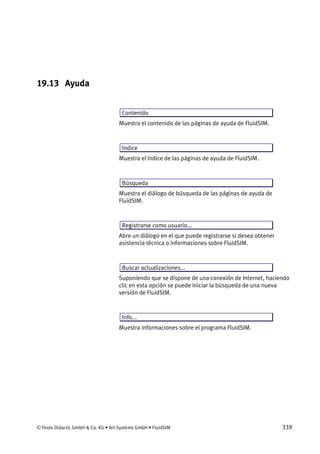 © Festo Didactic GmbH & Co. KG • Art Systems GmbH • FluidSIM 339
19.13 Ayuda
Contenido
Muestra el contenido de las páginas de ayuda de FluidSIM.
Indice
Muestra el índice de las páginas de ayuda de FluidSIM.
Búsqueda
Muestra el diálogo de búsqueda de las páginas de ayuda de
FluidSIM.
Registrarse como usuario...
Abre un diálogo en el que puede registrarse si desea obtener
asistencia técnica o informaciones sobre FluidSIM.
Buscar actualizaciones...
Suponiendo que se dispone de una conexión de Internet, haciendo
clic en esta opción se puede iniciar la búsqueda de una nueva
versión de FluidSIM.
Info...
Muestra informaciones sobre el programa FluidSIM.
 