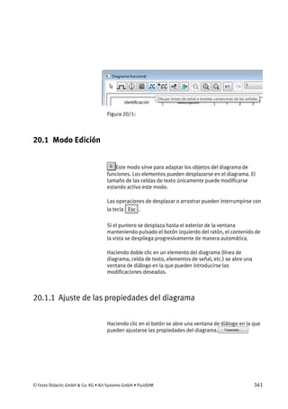 © Festo Didactic GmbH & Co. KG • Art Systems GmbH • FluidSIM 341
Figura 20/1:
20.1 Modo Edición
Este modo sirve para adaptar los objetos del diagrama de
funciones. Los elementos pueden desplazarse en el diagrama. El
tamaño de las celdas de texto únicamente puede modificarse
estando activo este modo.
Las operaciones de desplazar o arrastrar pueden interrumpirse con
la tecla Esc .
Si el puntero se desplaza hasta el exterior de la ventana
manteniendo pulsado el botón izquierdo del ratón, el contenido de
la vista se despliega progresivamente de manera automática.
Haciendo doble clic en un elemento del diagrama (línea de
diagrama, celda de texto, elementos de señal, etc.) se abre una
ventana de diálogo en la que pueden introducirse las
modificaciones deseadas.
20.1.1 Ajuste de las propiedades del diagrama
Haciendo clic en el botón se abre una ventana de diálogo en la que
pueden ajustarse las propiedades del diagrama.
 