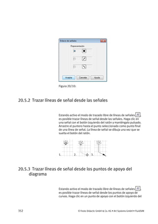 352 © Festo Didactic GmbH & Co. KG • Art Systems GmbH • FluidSIM
Figura 20/10:
20.5.2 Trazar líneas de señal desde las señales
Estando activo el modo de trazado libre de líneas de señales ,
es posible trazar líneas de señal desde las señales. Haga clic en
una señal con el botón izquierdo del ratón y manténgalo pulsado.
Arrastre el puntero hasta el punto seleccionado como punto final
de una línea de señal. La línea de señal se dibuja una vez que se
suelta el botón del ratón.
1. 2. 3.
20.5.3 Trazar líneas de señal desde los puntos de apoyo del
diagrama
Estando activo el modo de trazado libre de líneas de señales ,
es posible trazar líneas de señal desde los puntos de apoyo de
curvas. Haga clic en un punto de apoyo con el botón izquierdo del
 