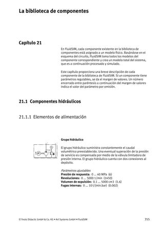 La biblioteca de componentes
© Festo Didactic GmbH & Co. KG • Art Systems GmbH • FluidSIM 355
Capítulo 21
21. La biblioteca de componentes
En FluidSIM, cada componente existente en la biblioteca de
componentes está asignado a un modelo físico. Basándose en el
esquema del circuito, FluidSIM toma todos los modelos del
componente correspondiente y crea un modelo total del sistema,
que es a continuación procesado y simulado.
Este capítulo proporciona una breve descripción de cada
componente de la biblioteca de FluidSIM. Si un componente tiene
parámetros regulables, se da el margen de valores. Un número
encerrado entre paréntesis a continuación del margen de valores
indica el valor del parámetro por omisión.
21.1 Componentes hidráulicos
21.1.1 Elementos de alimentación
Grupo hidráulico
El grupo hidráulico suministra constantemente el caudal
volumétrico preestablecido. Una eventual superación de la presión
de servicio es compensada por medio de la válvula limitadora de
presión interna. El grupo hidráulico cuenta con dos conexiones al
depósito.
Parámetros ajustables
Presión de respuesta: 0 ... 40 MPa (6)
Revoluciones: 0 ... 5000 1/min (1450)
Volumen de expulsión: 0.1 ... 5000 cm3 (1.6)
Fugas internas: 0 ... 10 l/(min.bar) (0.002)
 