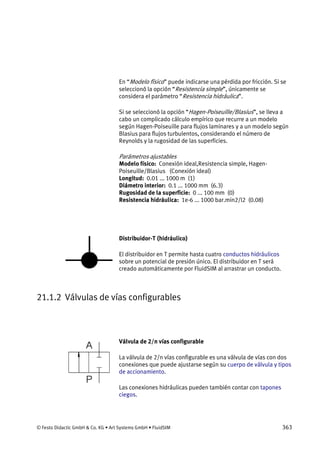 © Festo Didactic GmbH & Co. KG • Art Systems GmbH • FluidSIM 363
En “Modelo físico” puede indicarse una pérdida por fricción. Si se
seleccionó la opción “Resistencia simple”, únicamente se
considera el parámetro “Resistencia hidráulica”.
Si se seleccionó la opción “Hagen-Poiseuille/Blasius”, se lleva a
cabo un complicado cálculo empírico que recurre a un modelo
según Hagen-Poiseuille para flujos laminares y a un modelo según
Blasius para flujos turbulentos, considerando el número de
Reynolds y la rugosidad de las superficies.
Parámetros ajustables
Modelo físico: Conexión ideal,Resistencia simple, Hagen-
Poiseuille/Blasius (Conexión ideal)
Longitud: 0.01 ... 1000 m (1)
Diámetro interior: 0.1 ... 1000 mm (6.3)
Rugosidad de la superficie: 0 ... 100 mm (0)
Resistencia hidráulica: 1e-6 ... 1000 bar.min2/l2 (0.08)
Distribuidor-T (hidráulico)
El distribuidor en T permite hasta cuatro conductos hidráulicos
sobre un potencial de presión único. El distribuidor en T será
creado automáticamente por FluidSIM al arrastrar un conducto.
21.1.2 Válvulas de vías configurables
Válvula de 2/n vías configurable
La válvula de 2/n vías configurable es una válvula de vías con dos
conexiones que puede ajustarse según su cuerpo de válvula y tipos
de accionamiento.
Las conexiones hidráulicas pueden también contar con tapones
ciegos.
 