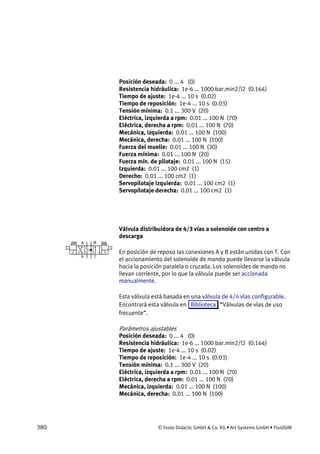 380 © Festo Didactic GmbH & Co. KG • Art Systems GmbH • FluidSIM
Posición deseada: 0 ... 4 (0)
Resistencia hidráulica: 1e-6 ... 1000 bar.min2/l2 (0.164)
Tiempo de ajuste: 1e-4 ... 10 s (0.02)
Tiempo de reposición: 1e-4 ... 10 s (0.03)
Tensión mínima: 0.1 ... 300 V (20)
Eléctrica, izquierda a rpm: 0.01 ... 100 N (70)
Eléctrica, derecha a rpm: 0.01 ... 100 N (70)
Mecánica, izquierda: 0.01 ... 100 N (100)
Mecánica, derecha: 0.01 ... 100 N (100)
Fuerza del muelle: 0.01 ... 100 N (30)
Fuerza mínima: 0.01 ... 100 N (20)
Fuerza mín. de pilotaje: 0.01 ... 100 N (15)
Izquierda: 0.01 ... 100 cm2 (1)
Derecho: 0.01 ... 100 cm2 (1)
Servopilotaje izquierda: 0.01 ... 100 cm2 (1)
Servopilotaje derecha: 0.01 ... 100 cm2 (1)
Válvula distribuidora de 4/3 vías a solenoide con centro a
descarga
En posición de reposo las conexiones A y B están unidas con T. Con
el accionamiento del solenoide de mando puede llevarse la válvula
hacia la posición paralela o cruzada. Los solenoides de mando no
llevan corriente, por lo que la válvula puede ser accionada
manualmente.
Esta válvula está basada en una válvula de 4/n vías configurable.
Encontrará esta válvula en Biblioteca “Válvulas de vías de uso
frecuente”.
Parámetros ajustables
Posición deseada: 0 ... 4 (0)
Resistencia hidráulica: 1e-6 ... 1000 bar.min2/l2 (0.164)
Tiempo de ajuste: 1e-4 ... 10 s (0.02)
Tiempo de reposición: 1e-4 ... 10 s (0.03)
Tensión mínima: 0.1 ... 300 V (20)
Eléctrica, izquierda a rpm: 0.01 ... 100 N (70)
Eléctrica, derecha a rpm: 0.01 ... 100 N (70)
Mecánica, izquierda: 0.01 ... 100 N (100)
Mecánica, derecha: 0.01 ... 100 N (100)
 