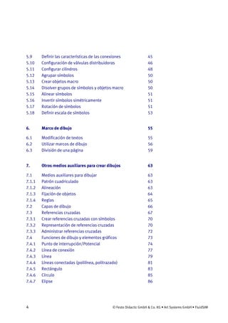 4 © Festo Didactic GmbH & Co. KG • Art Systems GmbH • FluidSIM
5.9 Definir las características de las conexiones 45
5.10 Configuración de válvulas distribuidoras 46
5.11 Configurar cilindros 48
5.12 Agrupar símbolos 50
5.13 Crear objetos macro 50
5.14 Disolver grupos de símbolos y objetos macro 50
5.15 Alinear símbolos 51
5.16 Invertir símbolos simétricamente 51
5.17 Rotación de símbolos 51
5.18 Definir escala de símbolos 53
6. Marco de dibujo 55
6.1 Modificación de textos 55
6.2 Utilizar marcos de dibujo 56
6.3 División de una página 59
7. Otros medios auxiliares para crear dibujos 63
7.1 Medios auxiliares para dibujar 63
7.1.1 Patrón cuadriculado 63
7.1.2 Alineación 63
7.1.3 Fijación de objetos 64
7.1.4 Reglas 65
7.2 Capas de dibujo 66
7.3 Referencias cruzadas 67
7.3.1 Crear referencias cruzadas con símbolos 70
7.3.2 Representación de referencias cruzadas 70
7.3.3 Administrar referencias cruzadas 72
7.4 Funciones de dibujo y elementos gráficos 73
7.4.1 Punto de interrupción/Potencial 74
7.4.2 Línea de conexión 77
7.4.3 Línea 79
7.4.4 Líneas conectadas (polilínea, politrazado) 81
7.4.5 Rectángulo 83
7.4.6 Círculo 85
7.4.7 Elipse 86
 