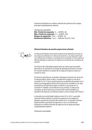 © Festo Didactic GmbH & Co. KG • Art Systems GmbH • FluidSIM 407
resistencia hidráulica se refiere al borde de apertura de la etapa
principal completamente abierto.
Parámetros ajustables
Mín. Presión de respuesta: 0 ... 40 MPa (0)
Máx. Presión de respuesta: 0 ... 40 MPa (10)
Margen de regulación: 0.01 ... 10 MPa (2)
Resistencia hidráulica: 1e-6 ... 1000 bar.min2/l2 (0.1)
Válvula limitadora de presión proporcional, pilotada
La válvula limitadora de presión proporcional pilotada consiste en
una etapa de pilotaje con válvula de asiento y una etapa principal
con válvula de corredera. La presión de la conexión P actúa sobre la
válvula pilotaje a través de un taladro en la válvula de corredera de
control.
Si la fuerza del solenoide proporcional es mayor que la presión
ejercida en la conexión P, la etapa de pilotaje permanece cerrada.
Un muelle mantiene la válvula de la etapa principal cerrada y el
caudal es nulo.
Si la fuerza ejercida por la presión sobrepasa la fuerza de cierre de
la válvula piloto, ésta se abre. Un pequeño caudal se crea de la
conexión P a la T. Este caudal provoca una pérdida de presión en la
válvula estranguladora dentro de la válvula de corredera. Con ello,
la presión en el lado del muelle es inferior a la presión en la
conexión P. Debido a esta diferencia de presión, la válvula de
corredera se abre hasta que la fuerza del muelle establece el
equilibrio de fuerzas y la válvula vuelve a cerrar el paso de P hacia T
La tensión de control debe hallarse entre 0 V y 10 V. La presión
nominal mínima define la presión de apertura en la etapa ed
pilotaje a través de la fuerza del muelle a 0 V. La presión nominal
máxima define la presión de apertura a 10 V. La resistencia
hidráulica se refiere al borde de apertura de la etapa principal
completamente abierto.
Parámetros ajustables
 