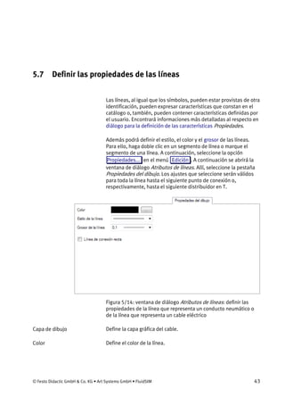 © Festo Didactic GmbH & Co. KG • Art Systems GmbH • FluidSIM 43
5.7 Definir las propiedades de las líneas
Las líneas, al igual que los símbolos, pueden estar provistas de otra
identificación, pueden expresar características que constan en el
catálogo o, también, pueden contener características definidas por
el usuario. Encontrará informaciones más detalladas al respecto en
diálogo para la definición de las características Propiedades.
Además podrá definir el estilo, el color y el grosor de las líneas.
Para ello, haga doble clic en un segmento de línea o marque el
segmento de una línea. A continuación, seleccione la opción
Propiedades... en el menú Edición . A continuación se abrirá la
ventana de diálogo Atributos de líneas. Allí, seleccione la pestaña
Propiedades del dibujo. Los ajustes que seleccione serán válidos
para toda la línea hasta el siguiente punto de conexión o,
respectivamente, hasta el siguiente distribuidor en T.
Figura 5/14: ventana de diálogo Atributos de líneas: definir las
propiedades de la línea que representa un conducto neumático o
de la línea que representa un cable eléctrico
Define la capa gráfica del cable.
Define el color de la línea.
Capa de dibujo
Color
 