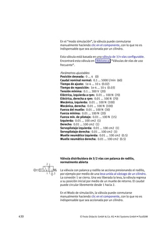 430 © Festo Didactic GmbH & Co. KG • Art Systems GmbH • FluidSIM
En el “modo simulación”, la válvula puede conmutarse
manualmente haciendo clic en el componente, con lo que no es
indispensable que sea accionada por un cilindro.
Esta válvula está basada en una válvula de 3/n vías configurable.
Encontrará esta válvula en Biblioteca “Válvulas de vías de uso
frecuente”.
Parámetros ajustables
Posición deseada: 0 ... 4 (0)
Caudal nominal normal: 0.1 ... 5000 l/min (60)
Tiempo de ajuste: 1e-4 ... 10 s (0.02)
Tiempo de reposición: 1e-4 ... 10 s (0.03)
Tensión mínima: 0.1 ... 300 V (20)
Eléctrica, izquierda a rpm: 0.01 ... 100 N (70)
Eléctrica, derecha a rpm: 0.01 ... 100 N (70)
Mecánica, izquierda: 0.01 ... 100 N (100)
Mecánica, derecha: 0.01 ... 100 N (100)
Fuerza del muelle: 0.01 ... 100 N (30)
Fuerza mínima: 0.01 ... 100 N (20)
Fuerza mín. de pilotaje: 0.01 ... 100 N (15)
Izquierda: 0.01 ... 100 cm2 (1)
Derecho: 0.01 ... 100 cm2 (1)
Servopilotaje izquierda: 0.01 ... 100 cm2 (1)
Servopilotaje derecha: 0.01 ... 100 cm2 (1)
Muelle neumático izquierda: 0.01 ... 100 cm2 (0.5)
Muelle neumático derecha: 0.01 ... 100 cm2 (0.5)
Válvula distribuidora de 3/2 vías con palanca de rodillo,
normalmente abierta
La válvula con palanca y rodillo se acciona presionando el rodillo,
por ejemplo por medio de una leva unida al vástago de un cilindro.
La conexión 1 se cierra. Una vez liberada la leva, la válvula regresa
a su posición inicial por medio de un muelle de retorno. El caudal
puede circular libremente desde 1 hacia 2.
En el Modo de simulación, la válvula puede conmutarse
manualmente haciendo clic en el componente, con lo que no es
indispensable que sea accionada por un cilindro.
 