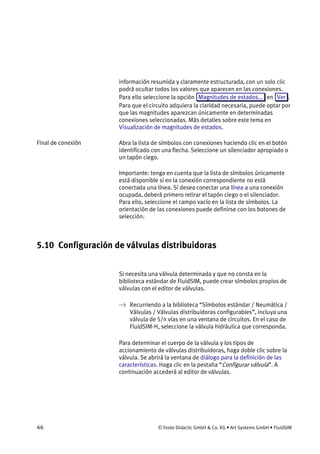 46 © Festo Didactic GmbH & Co. KG • Art Systems GmbH • FluidSIM
información resumida y claramente estructurada, con un solo clic
podrá ocultar todos los valores que aparecen en las conexiones.
Para ello seleccione la opción Magnitudes de estados... en Ver .
Para que el circuito adquiera la claridad necesaria, puede optar por
que las magnitudes aparezcan únicamente en determinadas
conexiones seleccionadas. Más detalles sobre este tema en
Visualización de magnitudes de estados.
Abra la lista de símbolos con conexiones haciendo clic en el botón
identificado con una flecha. Seleccione un silenciador apropiado o
un tapón ciego.
Importante: tenga en cuenta que la lista de símbolos únicamente
está disponible si en la conexión correspondiente no está
conectada una línea. Si desea conectar una línea a una conexión
ocupada, deberá primero retirar el tapón ciego o el silenciador.
Para ello, seleccione el campo vacío en la lista de símbolos. La
orientación de las conexiones puede definirse con los botones de
selección.
5.10 Configuración de válvulas distribuidoras
Si necesita una válvula determinada y que no consta en la
biblioteca estándar de FluidSIM, puede crear símbolos propios de
válvulas con el editor de válvulas.
→ Recurriendo a la biblioteca “Símbolos estándar / Neumática /
Válvulas / Válvulas distribuidoras configurables”, incluya una
válvula de 5/n vías en una ventana de circuitos. En el caso de
FluidSIM-H, seleccione la válvula hidráulica que corresponda.
Para determinar el cuerpo de la válvula y los tipos de
accionamiento de válvulas distribuidoras, haga doble clic sobre la
válvula. Se abrirá la ventana de diálogo para la definición de las
características. Haga clic en la pestaña “Configurar válvula”. A
continuación accederá al editor de válvulas.
Final de conexión
 