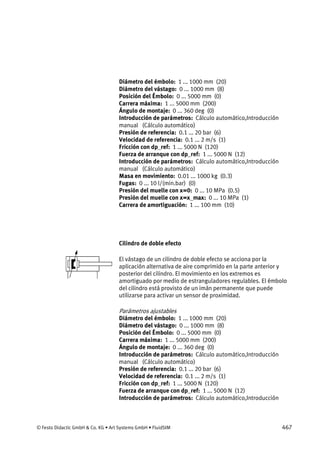 © Festo Didactic GmbH & Co. KG • Art Systems GmbH • FluidSIM 467
Diámetro del émbolo: 1 ... 1000 mm (20)
Diámetro del vástago: 0 ... 1000 mm (8)
Posición del Émbolo: 0 ... 5000 mm (0)
Carrera máxima: 1 ... 5000 mm (200)
Ángulo de montaje: 0 ... 360 deg (0)
Introducción de parámetros: Cálculo automático,Introducción
manual (Cálculo automático)
Presión de referencia: 0.1 ... 20 bar (6)
Velocidad de referencia: 0.1 ... 2 m/s (1)
Fricción con dp_ref: 1 ... 5000 N (120)
Fuerza de arranque con dp_ref: 1 ... 5000 N (12)
Introducción de parámetros: Cálculo automático,Introducción
manual (Cálculo automático)
Masa en movimiento: 0.01 ... 1000 kg (0.3)
Fugas: 0 ... 10 l/(min.bar) (0)
Presión del muelle con x=0: 0 ... 10 MPa (0.5)
Presión del muelle con x=x_max: 0 ... 10 MPa (1)
Carrera de amortiguación: 1 ... 100 mm (10)
Cilindro de doble efecto
El vástago de un cilindro de doble efecto se acciona por la
aplicación alternativa de aire comprimido en la parte anterior y
posterior del cilindro. El movimiento en los extremos es
amortiguado por medio de estranguladores regulables. El émbolo
del cilindro está provisto de un imán permanente que puede
utilizarse para activar un sensor de proximidad.
Parámetros ajustables
Diámetro del émbolo: 1 ... 1000 mm (20)
Diámetro del vástago: 0 ... 1000 mm (8)
Posición del Émbolo: 0 ... 5000 mm (0)
Carrera máxima: 1 ... 5000 mm (200)
Ángulo de montaje: 0 ... 360 deg (0)
Introducción de parámetros: Cálculo automático,Introducción
manual (Cálculo automático)
Presión de referencia: 0.1 ... 20 bar (6)
Velocidad de referencia: 0.1 ... 2 m/s (1)
Fricción con dp_ref: 1 ... 5000 N (120)
Fuerza de arranque con dp_ref: 1 ... 5000 N (12)
Introducción de parámetros: Cálculo automático,Introducción
 