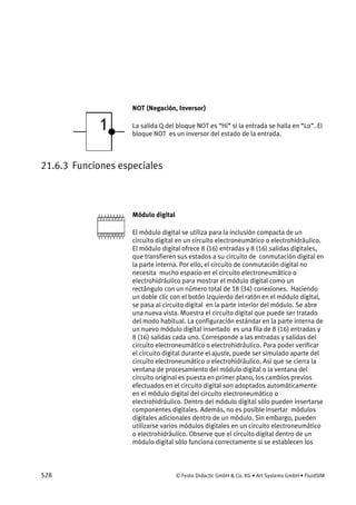 528 © Festo Didactic GmbH & Co. KG • Art Systems GmbH • FluidSIM
NOT (Negación, Inversor)
La salida Q del bloque NOT es “Hi” si la entrada se halla en “Lo”. El
bloque NOT es un inversor del estado de la entrada.
21.6.3 Funciones especiales
Módulo digital
El módulo digital se utiliza para la inclusión compacta de un
circuito digital en un circuito electroneumático o electrohidráulico.
El módulo digital ofrece 8 (16) entradas y 8 (16) salidas digitales,
que transfieren sus estados a su circuito de conmutación digital en
la parte interna. Por ello, el circuito de conmutación digital no
necesita mucho espacio en el circuito electroneumático o
electrohidráulico para mostrar el módulo digital como un
rectángulo con un número total de 18 (34) conexiones. Haciendo
un doble clic con el botón izquierdo del ratón en el módulo digital,
se pasa al circuito digital en la parte interior del módulo. Se abre
una nueva vista. Muestra el circuito digital que puede ser tratado
del modo habitual. La configuración estándar en la parte interna de
un nuevo módulo digital insertado es una fila de 8 (16) entradas y
8 (16) salidas cada uno. Corresponde a las entradas y salidas del
circuito electroneumático o electrohidráulico. Para poder verificar
el circuito digital durante el ajuste, puede ser simulado aparte del
circuito electroneumático o electrohidráulico. Así que se cierra la
ventana de procesamiento del módulo digital o la ventana del
circuito original es puesta en primer plano, los cambios previos
efectuados en el circuito digital son adoptados automáticamente
en el módulo digital del circuito electroneumático o
electrohidráulico. Dentro del módulo digital sólo pueden insertarse
componentes digitales. Además, no es posible insertar módulos
digitales adicionales dentro de un módulo. Sin embargo, pueden
utilizarse varios módulos digitales en un circuito electroneumático
o electrohidráulico. Observe que el circuito digital dentro de un
módulo digital sólo funciona correctamente si se establecen los
 