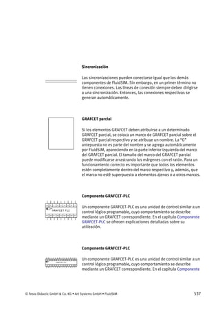 © Festo Didactic GmbH & Co. KG • Art Systems GmbH • FluidSIM 537
Sincronización
Las sincronizaciones pueden conectarse igual que los demás
componentes de FluidSIM. Sin embargo, en un primer término no
tienen conexiones. Las líneas de conexión siempre deben dirigirse
a una sincronización. Entonces, las conexiones respectivas se
generan automáticamente.
GRAFCET parcial
Si los elementos GRAFCET deben atribuirse a un determinado
GRAFCET parcial, se coloca un marco de GRAFCET parcial sobre el
GRAFCET parcial respectivo y se atribuye un nombre. La “G”
antepuesta no es parte del nombre y se agrega automáticamente
por FluidSIM, apareciendo en la parte inferior izquierda del marco
del GRAFCET parcial. El tamaño del marco del GRAFCET parcial
puede modificarse arrastrando los márgenes con el ratón. Para un
funcionamiento correcto es importante que todos los elementos
estén completamente dentro del marco respectivo y, además, que
el marco no esté superpuesto a elementos ajenos o a otros marcos.
Componente GRAFCET-PLC
Un componente GRAFCET-PLC es una unidad de control similar a un
control lógico programable, cuyo comportamiento se describe
mediante un GRAFCET correspondiente. En el capítulo Componente
GRAFCET-PLC se ofrecen explicaciones detalladas sobre su
utilización.
Componente GRAFCET-PLC
Un componente GRAFCET-PLC es una unidad de control similar a un
control lógico programable, cuyo comportamiento se describe
mediante un GRAFCET correspondiente. En el capítulo Componente
 