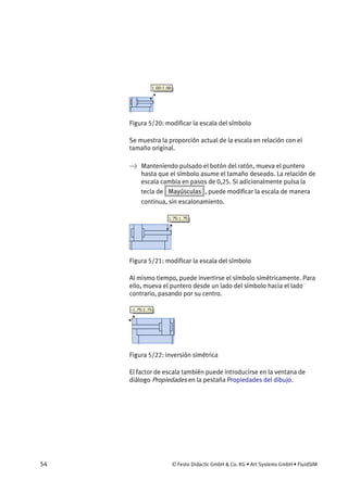54 © Festo Didactic GmbH & Co. KG • Art Systems GmbH • FluidSIM
Figura 5/20: modificar la escala del símbolo
Se muestra la proporción actual de la escala en relación con el
tamaño original.
→ Manteniendo pulsado el botón del ratón, mueva el puntero
hasta que el símbolo asume el tamaño deseado. La relación de
escala cambia en pasos de 0,25. Si adicionalmente pulsa la
tecla de Mayúsculas , puede modificar la escala de manera
continua, sin escalonamiento.
Figura 5/21: modificar la escala del símbolo
Al mismo tiempo, puede invertirse el símbolo simétricamente. Para
ello, mueva el puntero desde un lado del símbolo hacia el lado
contrario, pasando por su centro.
Figura 5/22: inversión simétrica
El factor de escala también puede introducirse en la ventana de
diálogo Propiedades en la pestaña Propiedades del dibujo.
 