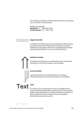 © Festo Didactic GmbH & Co. KG • Art Systems GmbH • FluidSIM 541
Por medio de una etiqueta, el solenoide puede unirse a una válvula
para convertirla en electroválvula.
Parámetros ajustables
Resistencia: 1 ... 10000 Ohm (90)
Tensión mínima: 0.1 ... 300 V (20)
Regla de recorrido
La regla de recorrido funciona como componente auxiliar para que
un cilindro pueda emitir señales sobre su posición. Las marcas
establecen en esta regla la referencia a la posición del interruptor,
así como de los finales de carrera en el circuito eléctrico.
Indicador de estado
El indicador de estado marca automáticamente los componentes
activados en la posición de reposo, como activados.
Leva de conexión
La leva de conexión marca automáticamente una válvula
direccional activada en la posición de reposo, como activada.
Texto
El concepto de los componentes de texto en FluidSIM ofrece al
usuario una forma de describir los componentes en los esquemas,
asignar textos identificativos o añadir comentarios al esquema. El
texto y la apariencia de los componentes de texto pueden
personalizarse a gusto del usuario.
 